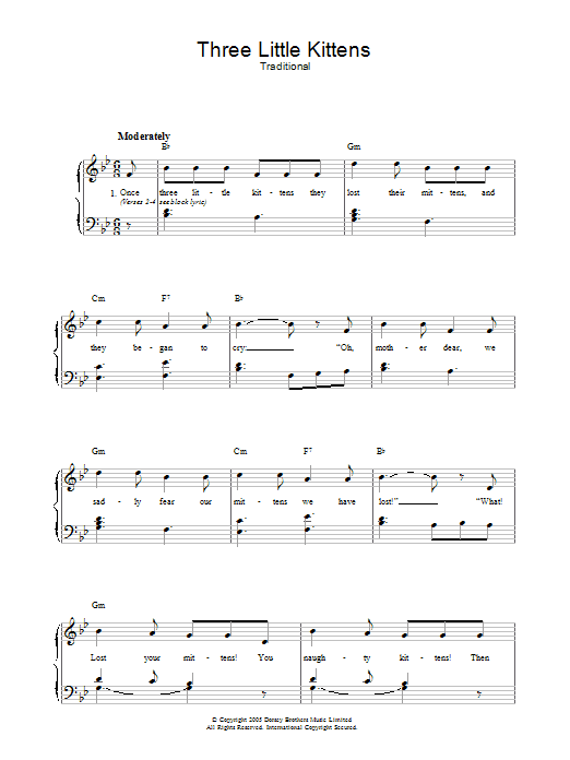 Traditional Three Little Kittens sheet music notes and chords arranged for Piano, Vocal & Guitar Chords (Right-Hand Melody)