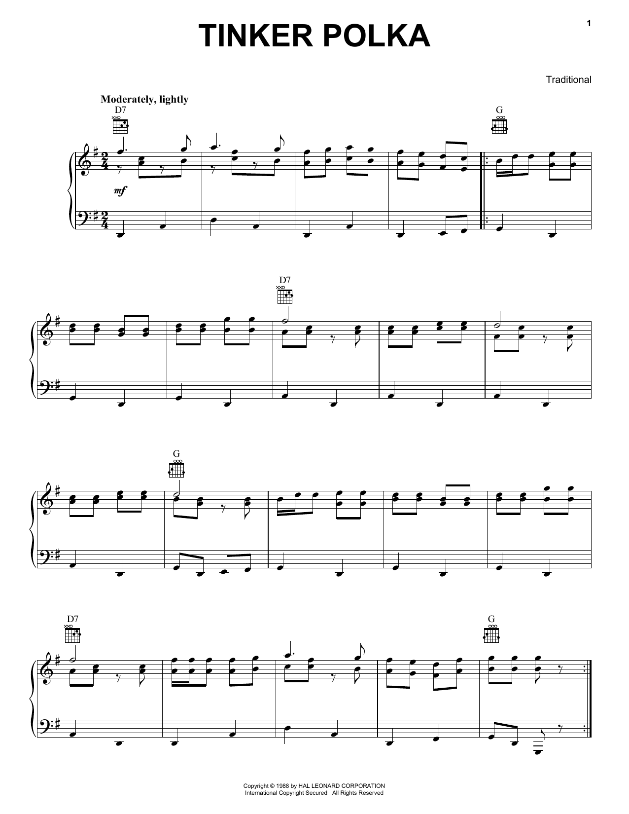 Traditional Tinker Polka sheet music notes and chords arranged for Piano Solo