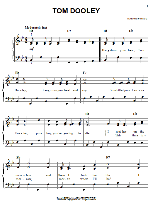 Traditional Tom Dooley sheet music notes and chords arranged for Easy Piano