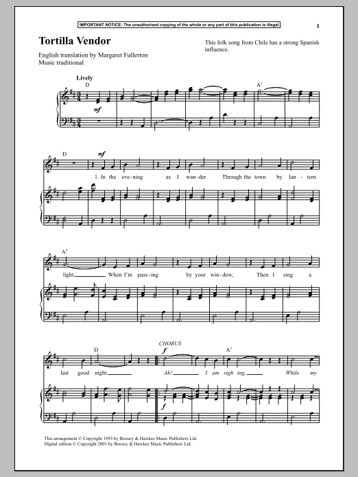 Traditional Tortilla Vendor sheet music notes and chords arranged for Piano & Vocal