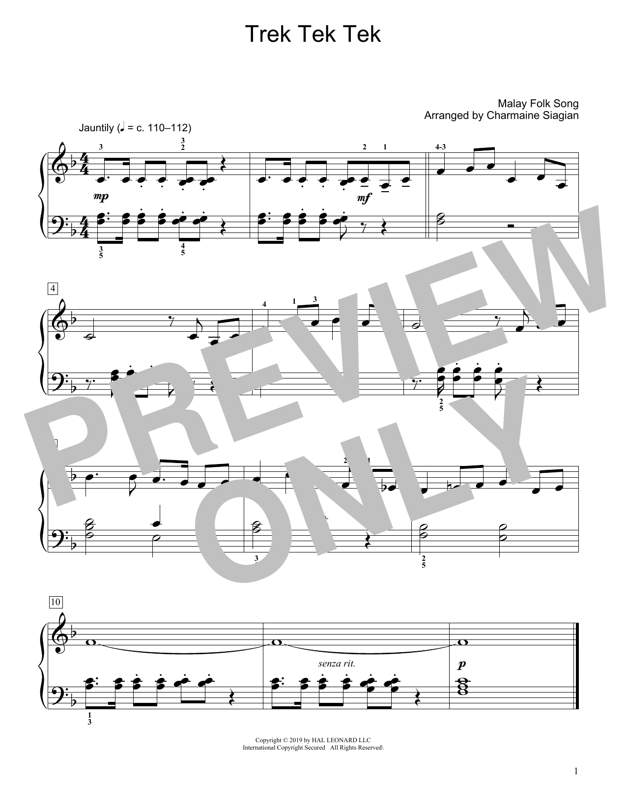 Traditional Trek Tek Tek (arr. Charmaine Siagian) sheet music notes and chords arranged for Educational Piano