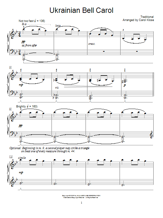 Traditional Ukrainian Bell Carol sheet music notes and chords arranged for Educational Piano