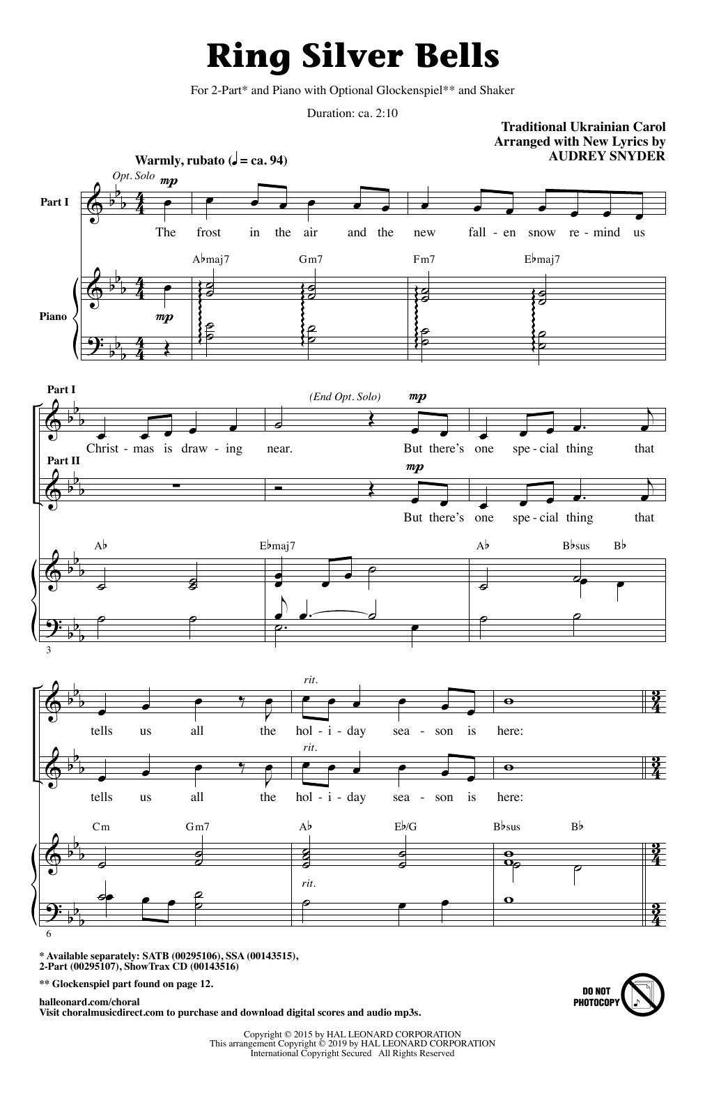 Traditional Ukrainian Carol Ring Silver Bells (arr. Audrey Snyder) sheet music notes and chords arranged for 2-Part Choir