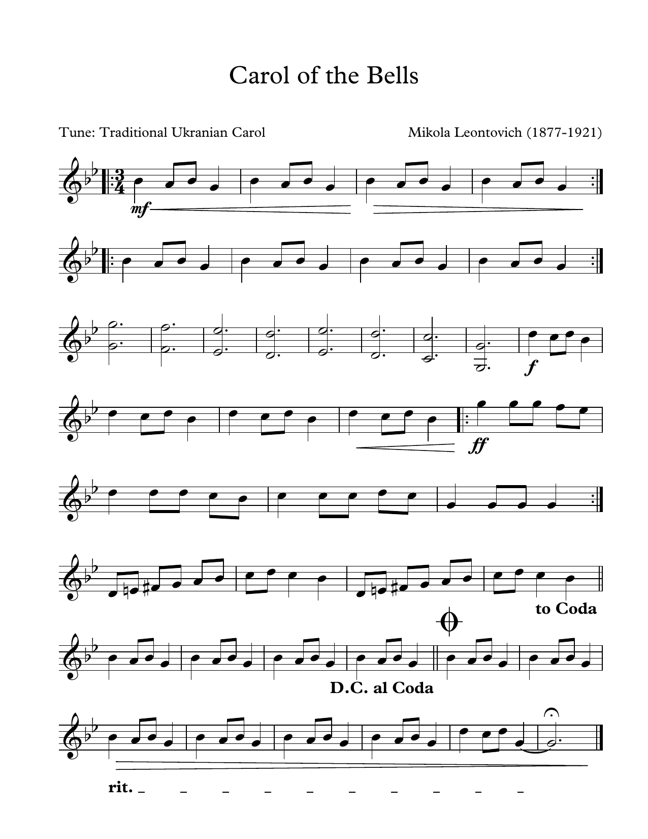 Traditional Ukranian Carol Carol Of The Bells (arr. Patrick Roulet) sheet music notes and chords arranged for Marimba Solo