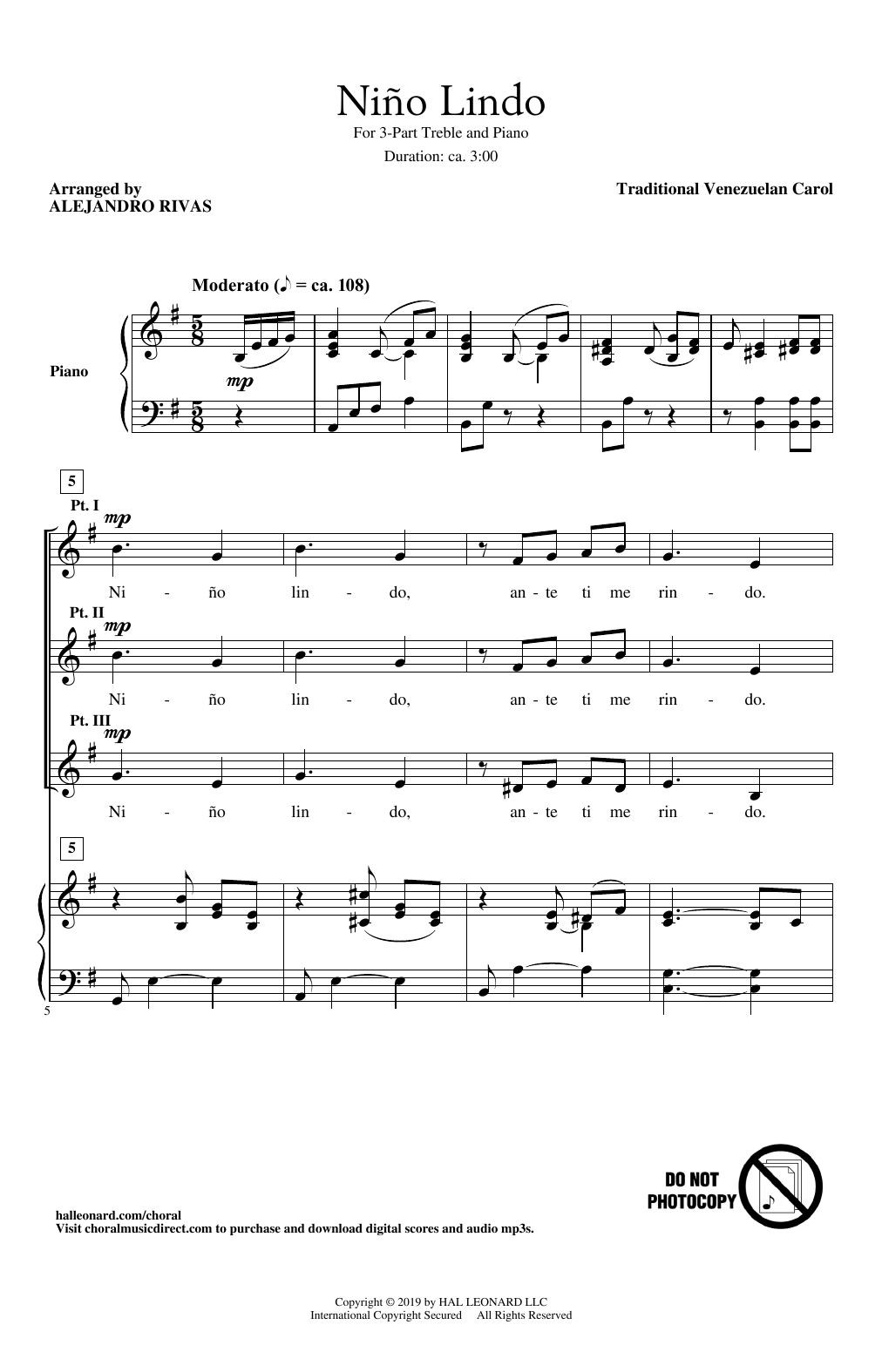 Traditional Venezuelan Carol Nino Lindo (arr. Alejandro Rivas) sheet music notes and chords arranged for 3-Part Treble Choir