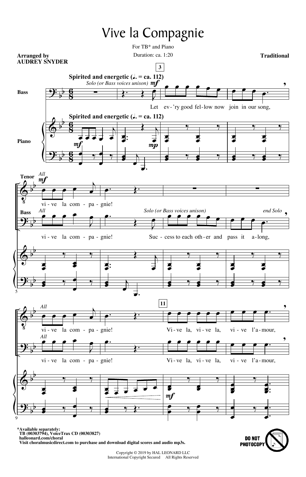 Traditional Vive La Compagnie (arr. Audrey Snyder) sheet music notes and chords arranged for TB Choir