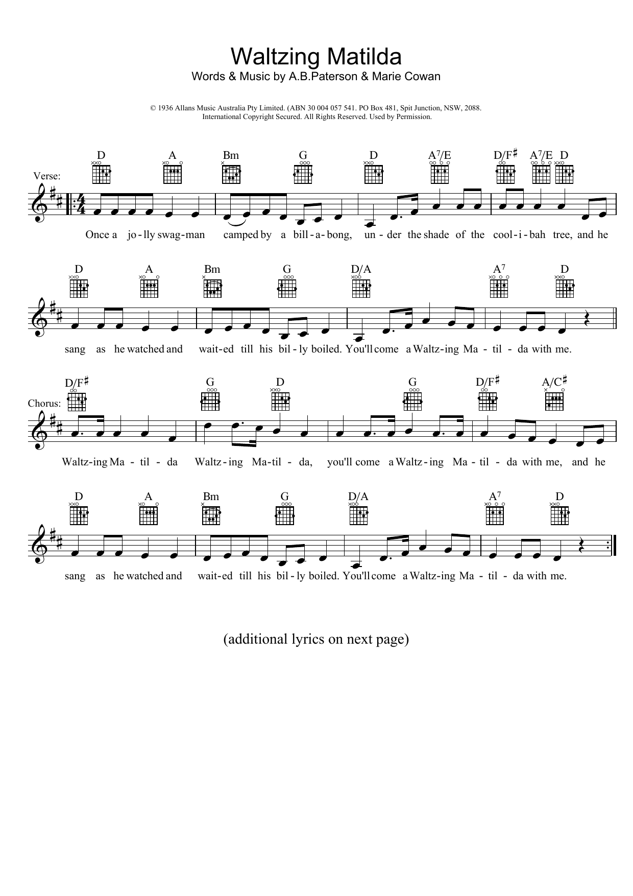 Traditional Waltzing Matilda sheet music notes and chords arranged for Lead Sheet / Fake Book