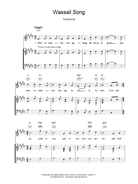 Traditional Wassail Song sheet music notes and chords arranged for Piano, Vocal & Guitar Chords
