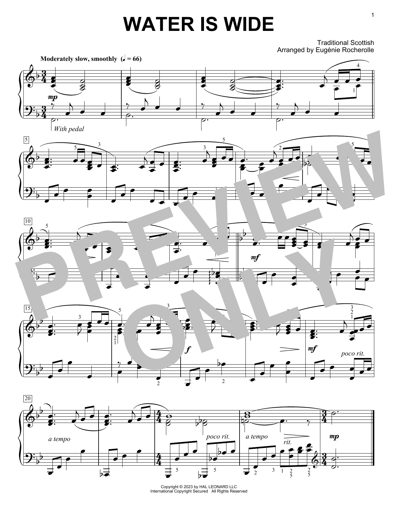 Traditional Water Is Wide (arr. Eugénie Rocherolle) sheet music notes and chords arranged for Piano Solo