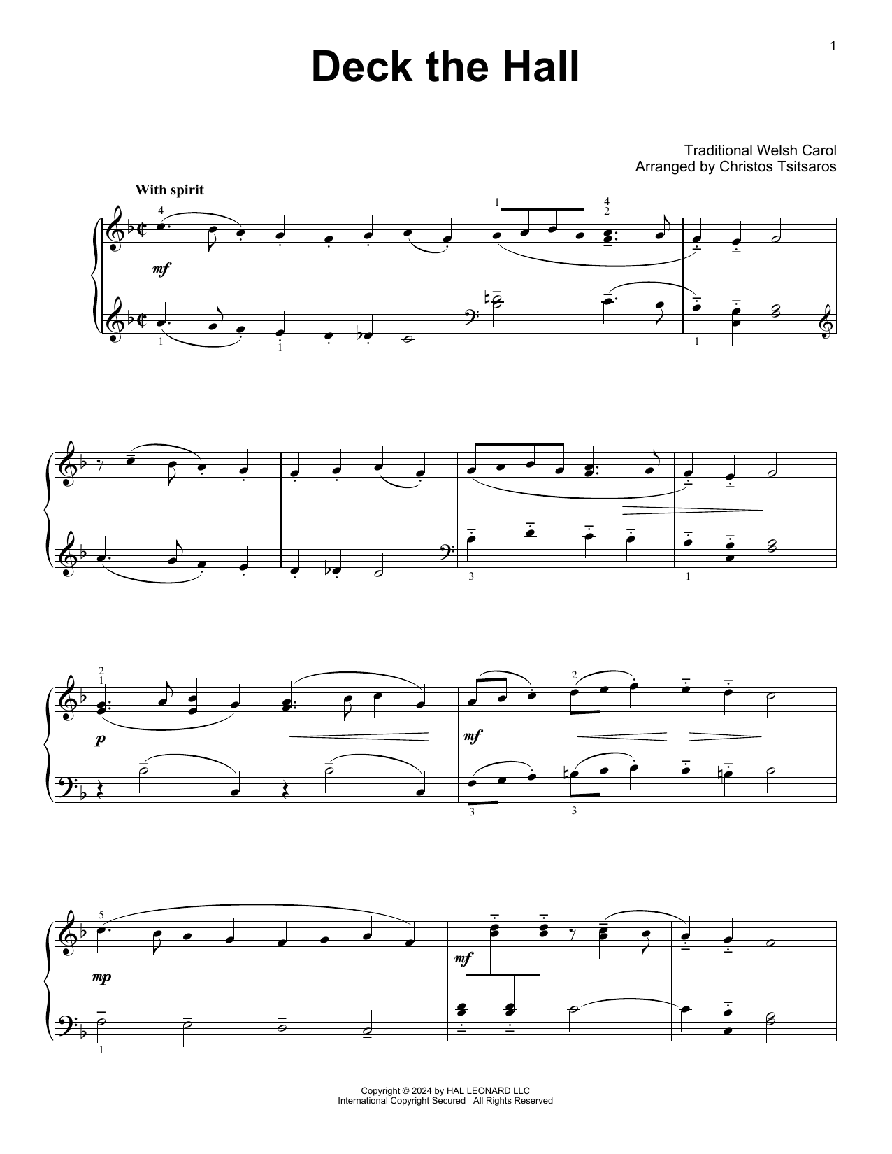 Traditional Welsh Carol Deck The Hall (arr. Christos Tsitsaros) sheet music notes and chords arranged for Easy Piano Solo
