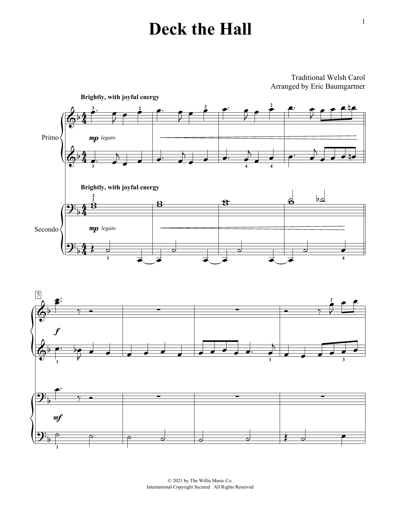 Traditional Welsh Carol Deck The Hall (arr. Eric Baumgartner) sheet music notes and chords arranged for Piano Duet