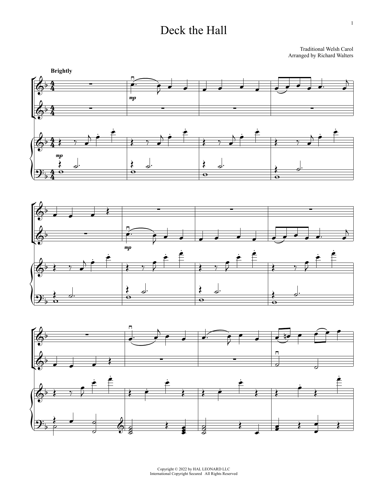 Traditional Welsh Carol Deck The Hall (for Violin Duet and Piano) sheet music notes and chords arranged for Violin and Piano