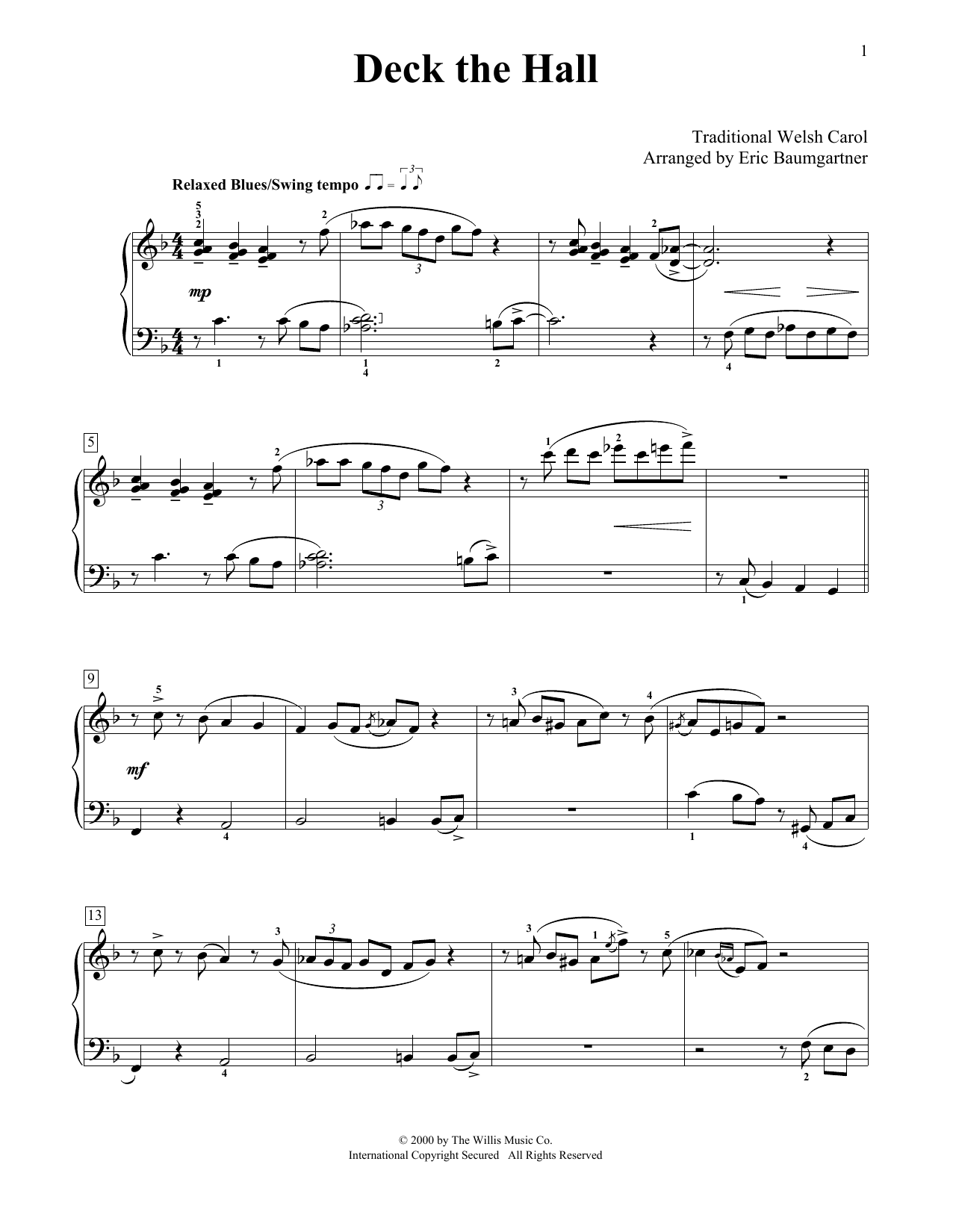 Traditional Welsh Carol Deck The Hall [Jazz version] (arr. Eric Baumgartner) sheet music notes and chords arranged for Educational Piano