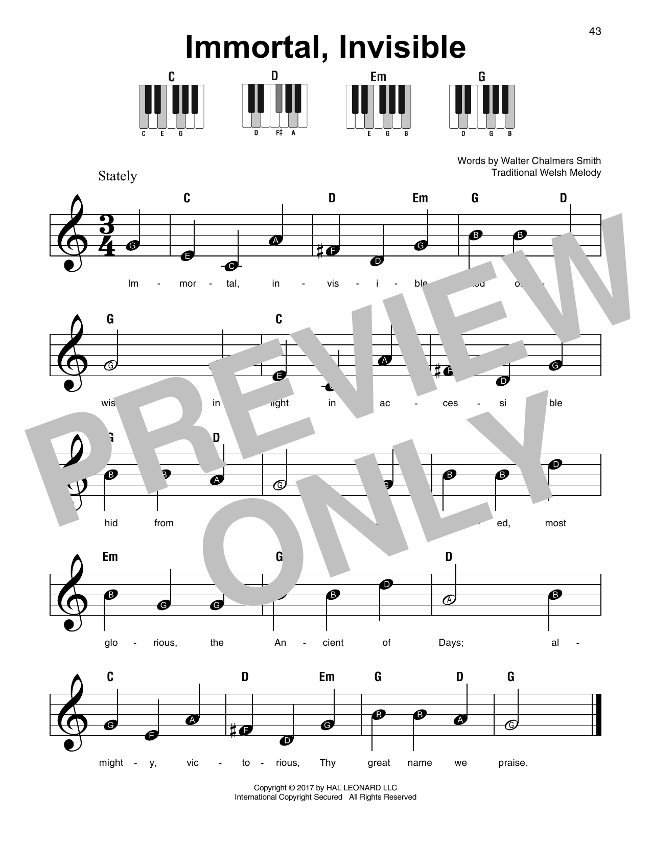 Traditional Welsh Melody Immortal, Invisible sheet music notes and chords arranged for Easy Piano