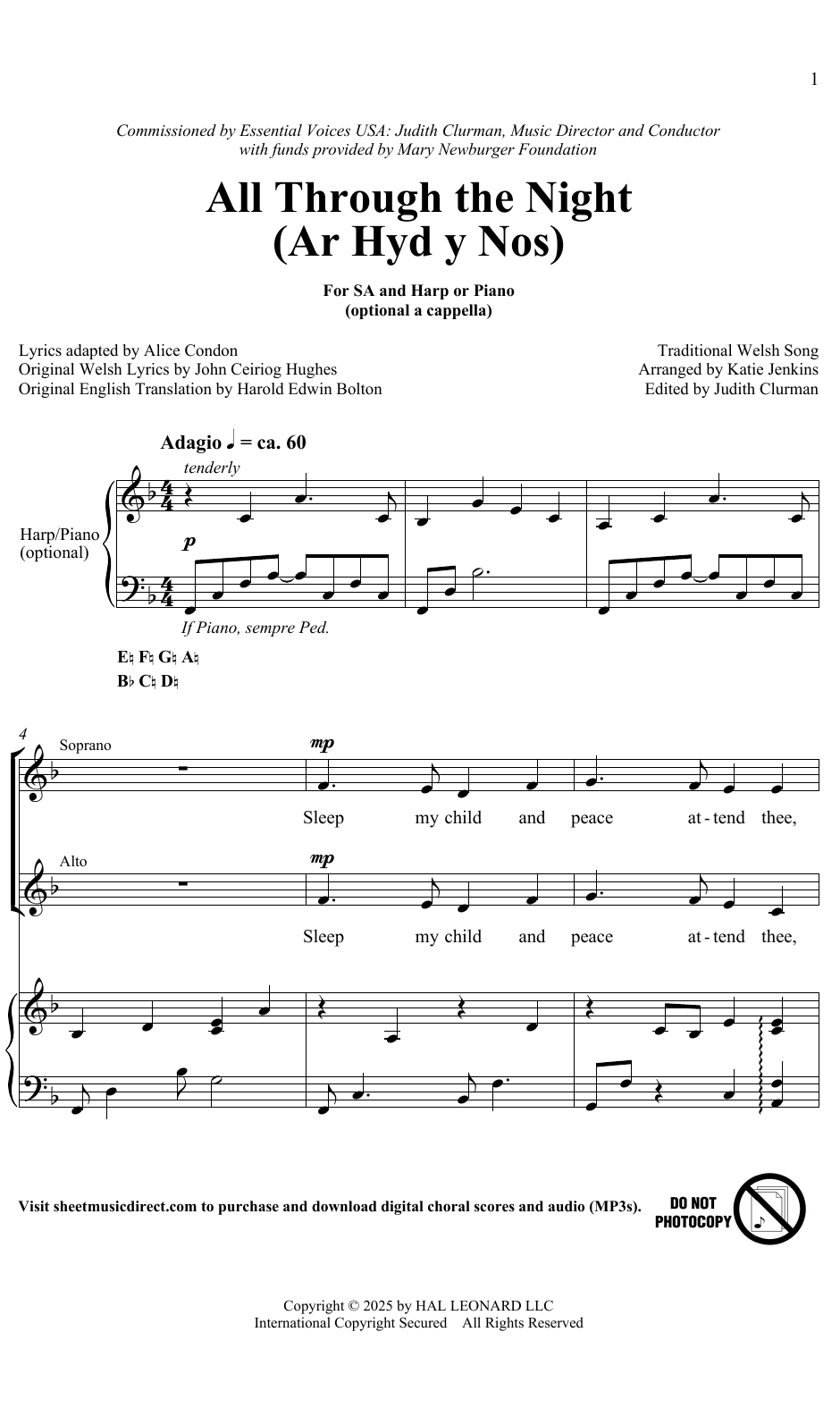 Traditional Welsh Song All Through The Night (Ar Hyd A Nos) (arr. Katie Jenkins) sheet music notes and chords arranged for SATB Choir
