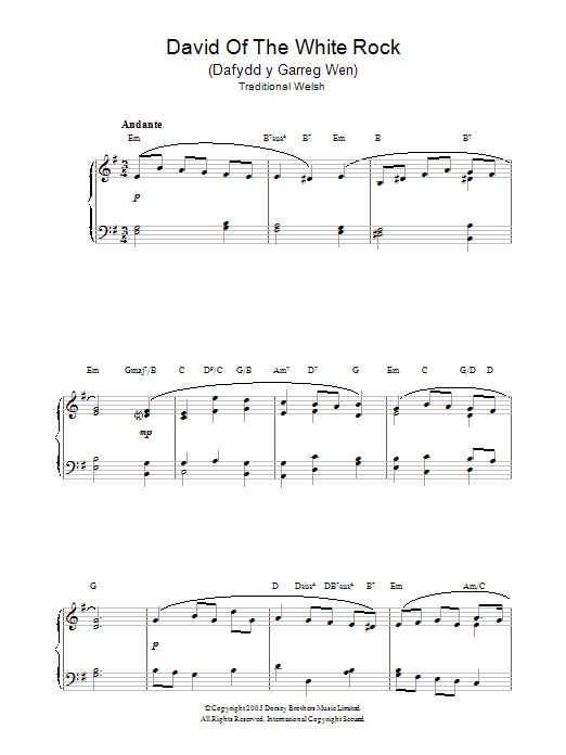 Traditional Welsh Song David Of The White Rock sheet music notes and chords arranged for Piano Solo