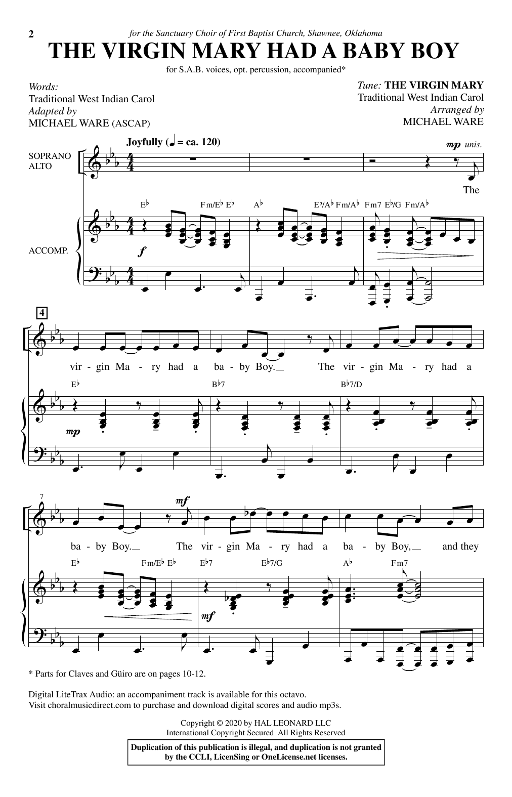Traditional West Indian Carol The Virgin Mary Had A Baby Boy (arr. Michael Ware) sheet music notes and chords arranged for SAB Choir