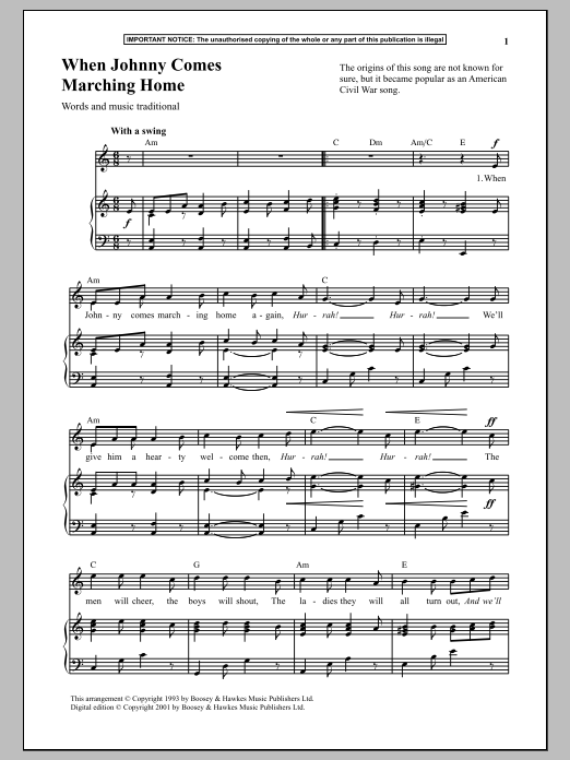 Traditional When Johnny Comes Marching Home sheet music notes and chords arranged for Piano & Vocal