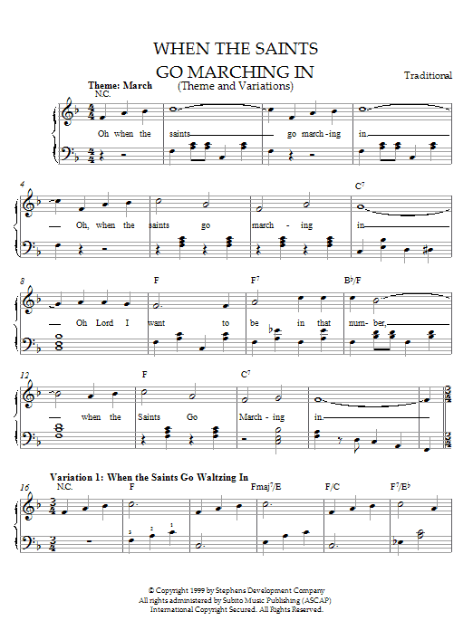 Traditional When The Saints Go Marching In (Theme and Variations) sheet music notes and chords arranged for Easy Piano