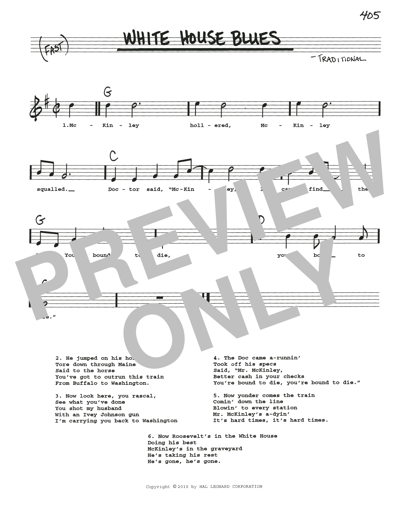 Traditional White House Blues sheet music notes and chords arranged for Real Book – Melody, Lyrics & Chords