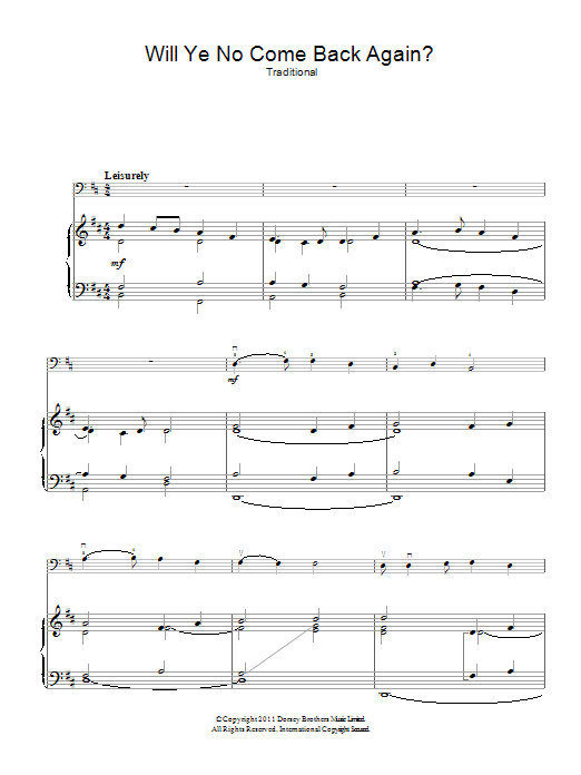 Traditional Will Ye No Come Back Again sheet music notes and chords arranged for Violin Solo