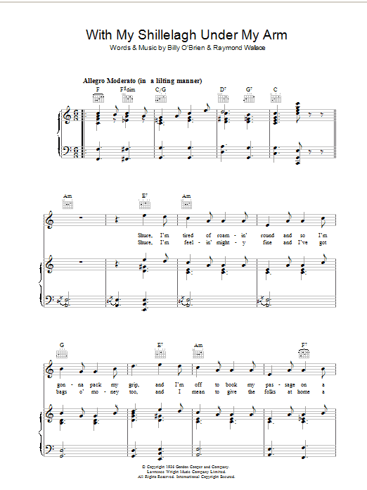 Traditional With My Shillelagh Under My Arm sheet music notes and chords arranged for Piano, Vocal & Guitar Chords