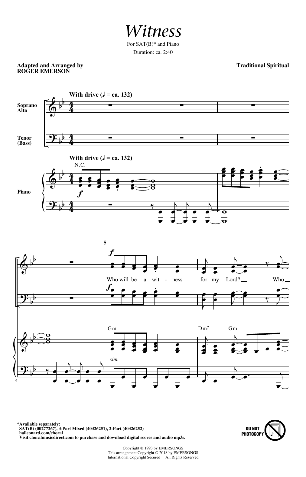 Traditional Witness (Arr. Roger Emerson) sheet music notes and chords arranged for SATB Choir