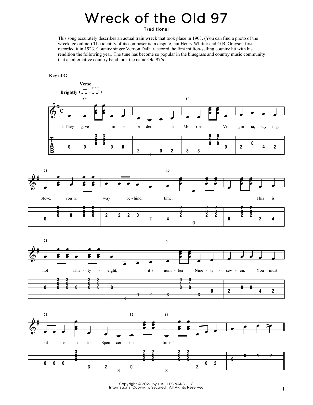 Traditional Wreck Of The Old 97 (arr. Fred Sokolow) sheet music notes and chords arranged for Solo Guitar
