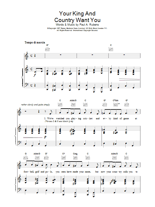 Traditional Your King And Country Want You sheet music notes and chords arranged for Piano, Vocal & Guitar Chords