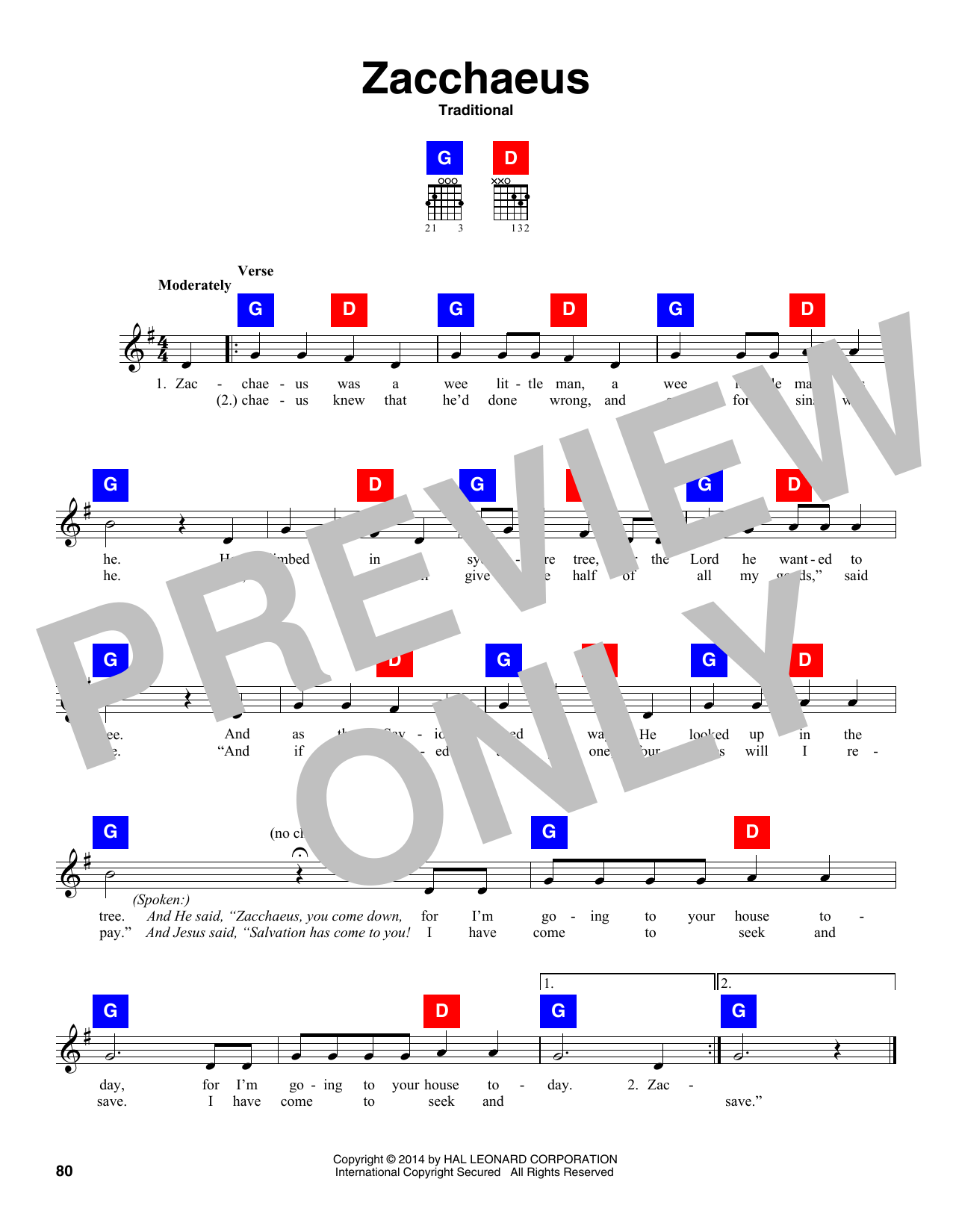 Traditional Zacchaeus sheet music notes and chords arranged for 5-Finger Piano