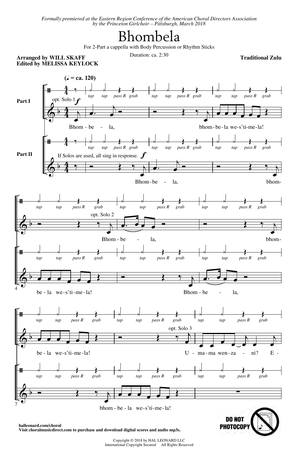Traditional Zulu Bhombela (arr. Will Skaff) sheet music notes and chords arranged for 2-Part Choir