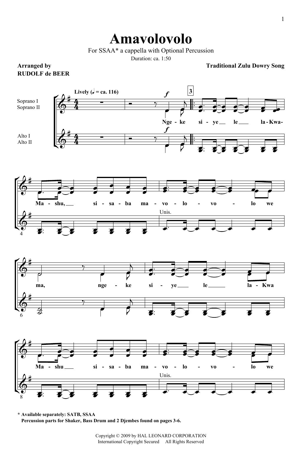 Traditional Zulu Dowry Song Amavolovolo (arr. Rudolf de Beer) sheet music notes and chords arranged for SATB Choir