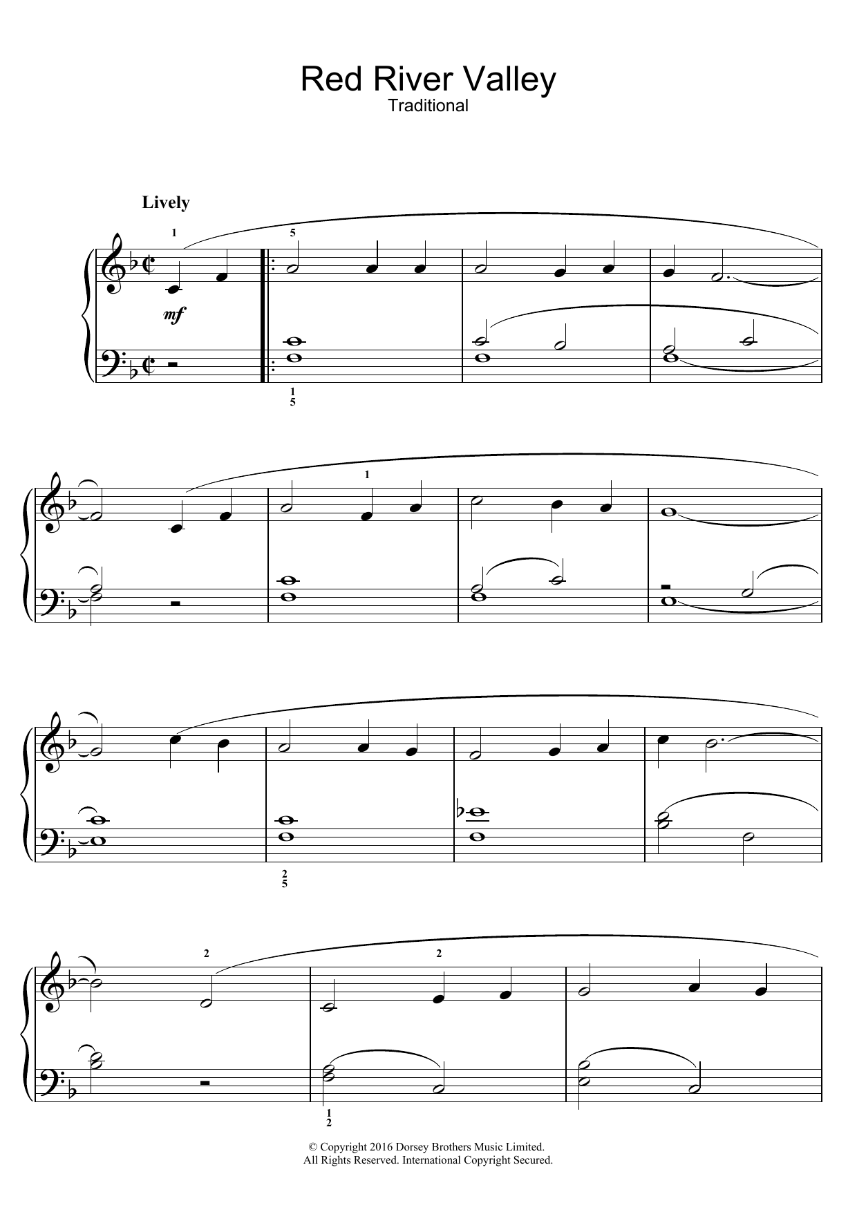 Traditional American Red River Valley sheet music notes and chords arranged for Easy Piano