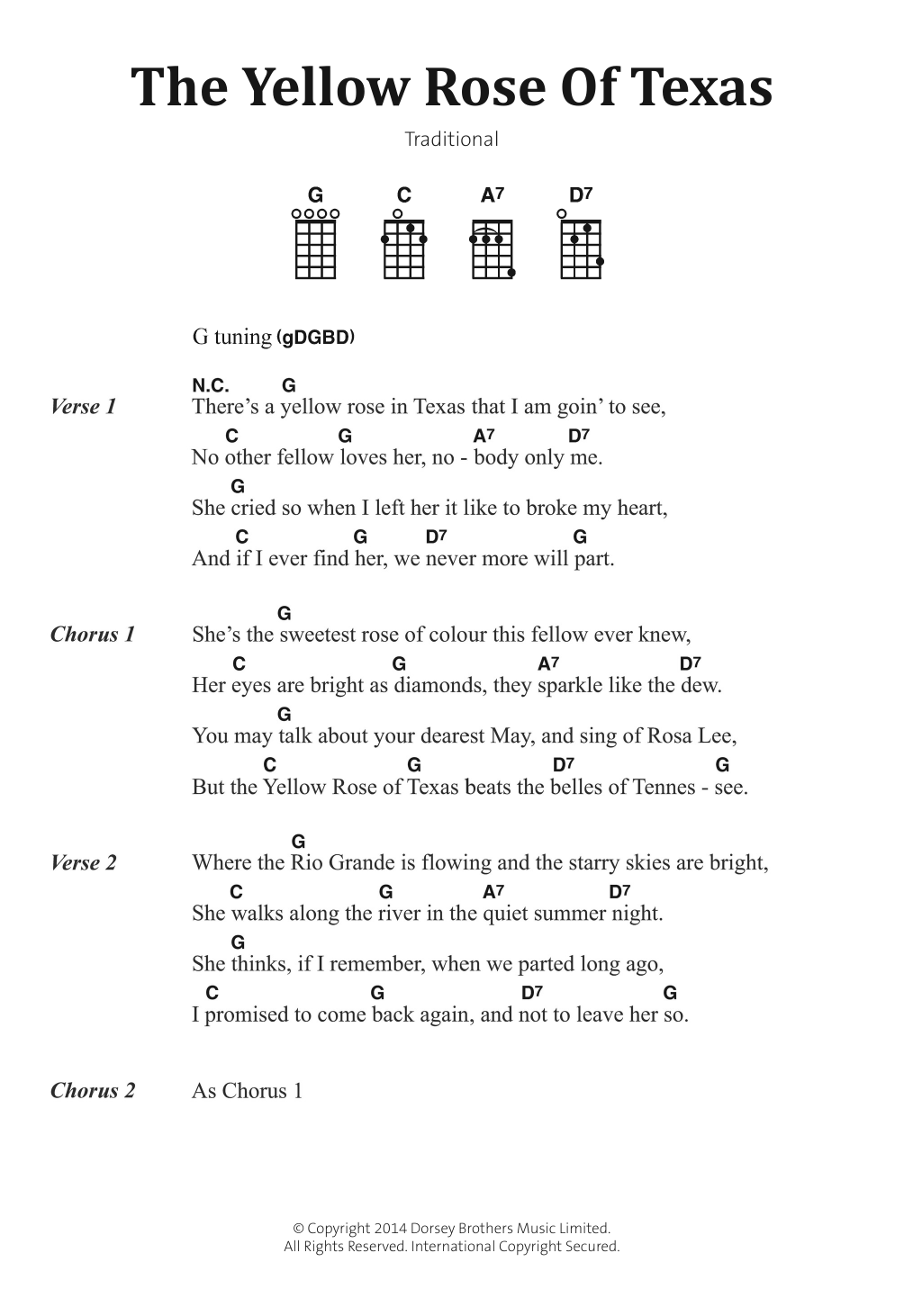 Traditional Folksong The Yellow Rose Of Texas sheet music notes and chords arranged for Piano, Vocal & Guitar Chords
