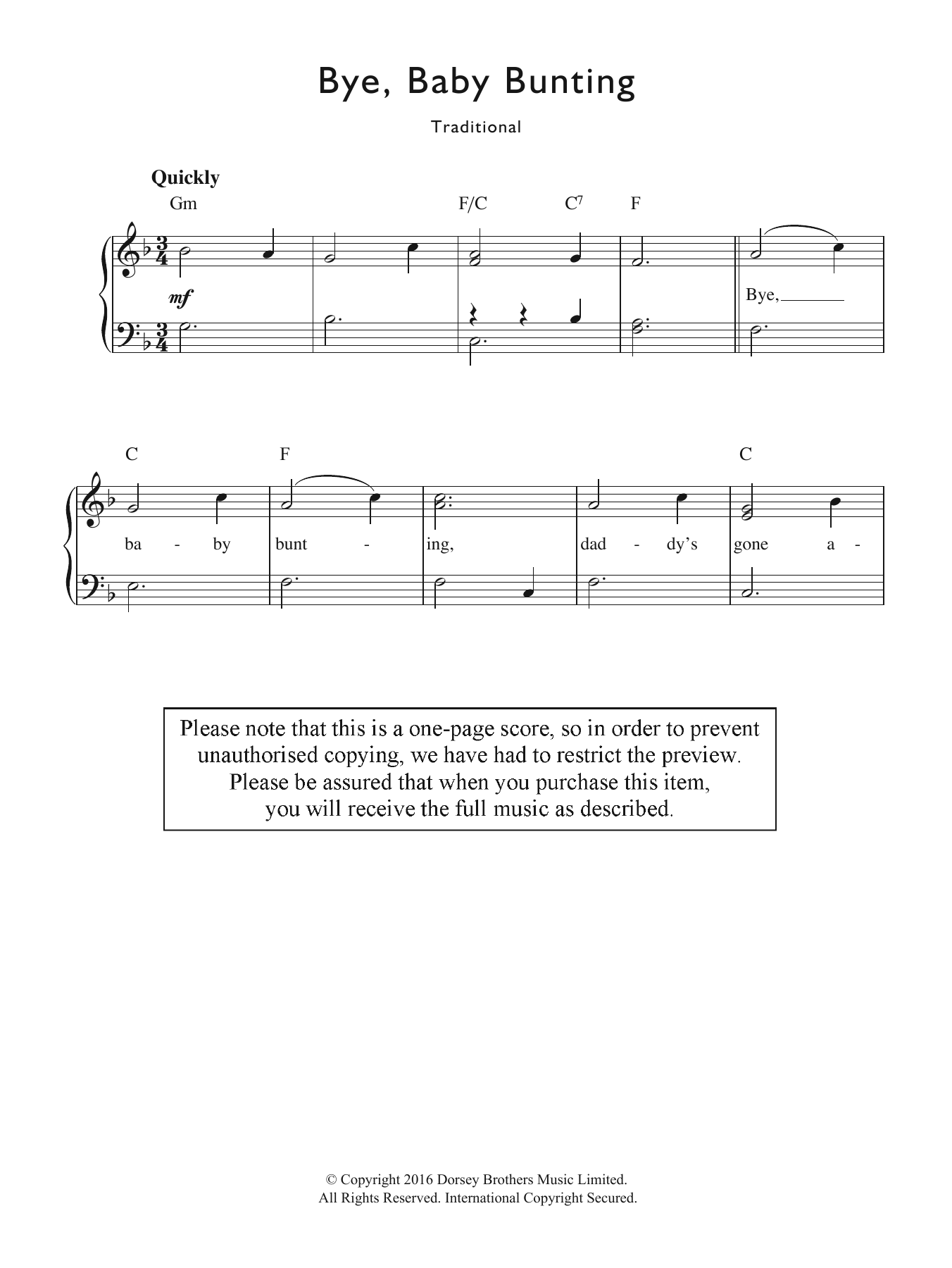 Traditional Nursery Rhyme Bye, Baby Bunting sheet music notes and chords arranged for Piano & Vocal
