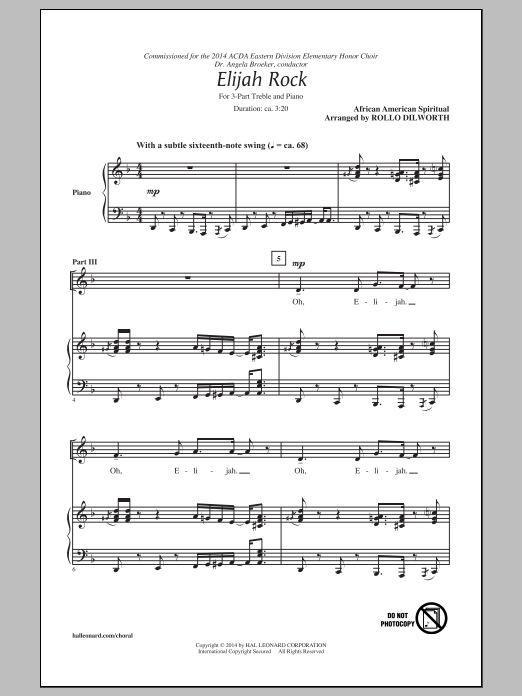 Traditional Spiritual Elijah Rock (arr. Rollo Dilworth) sheet music notes and chords arranged for 3-Part Treble Choir