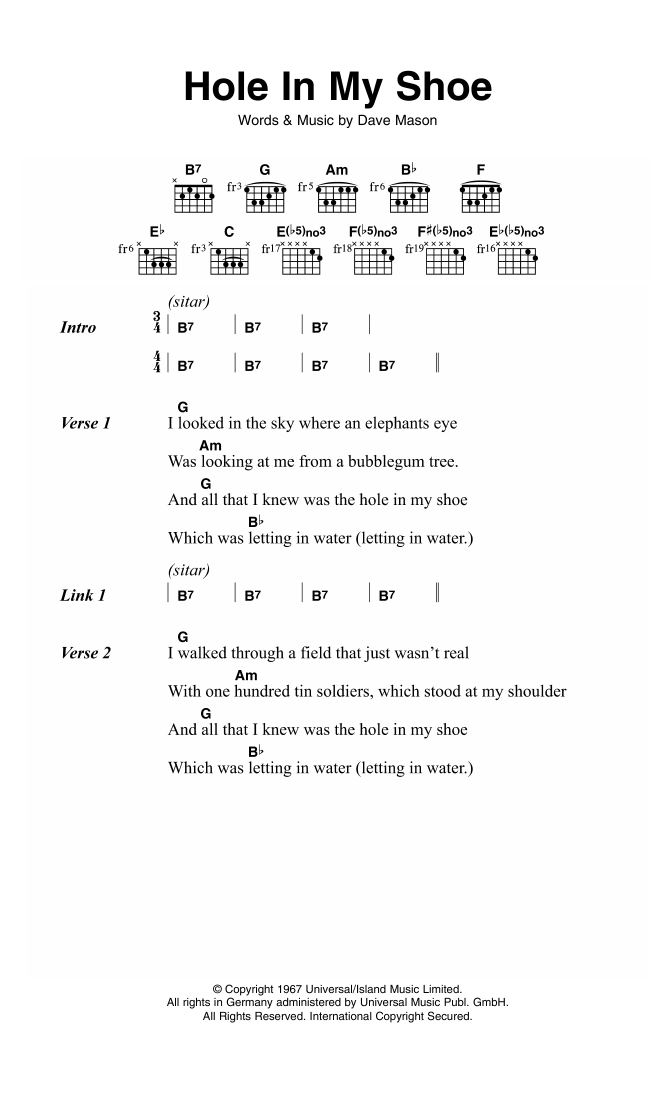 Traffic Hole In My Shoe sheet music notes and chords arranged for Guitar Chords/Lyrics