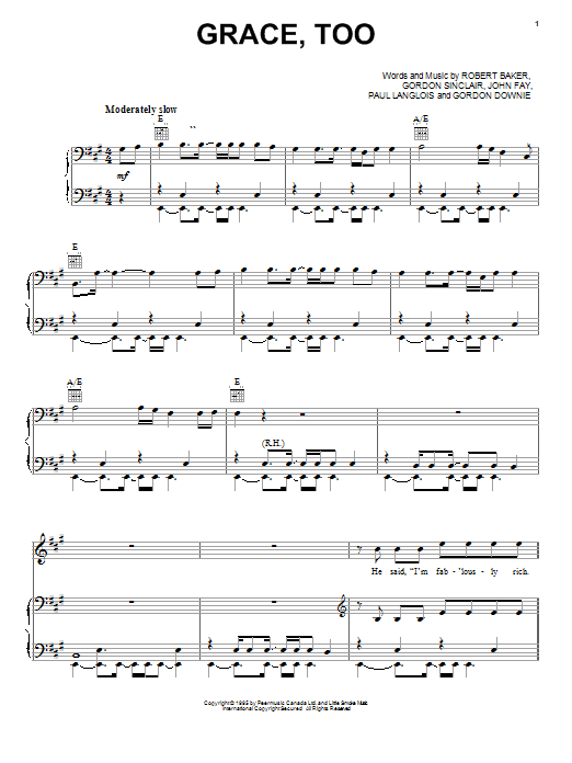 Tragically Hip Grace, Too sheet music notes and chords arranged for Piano, Vocal & Guitar Chords (Right-Hand Melody)
