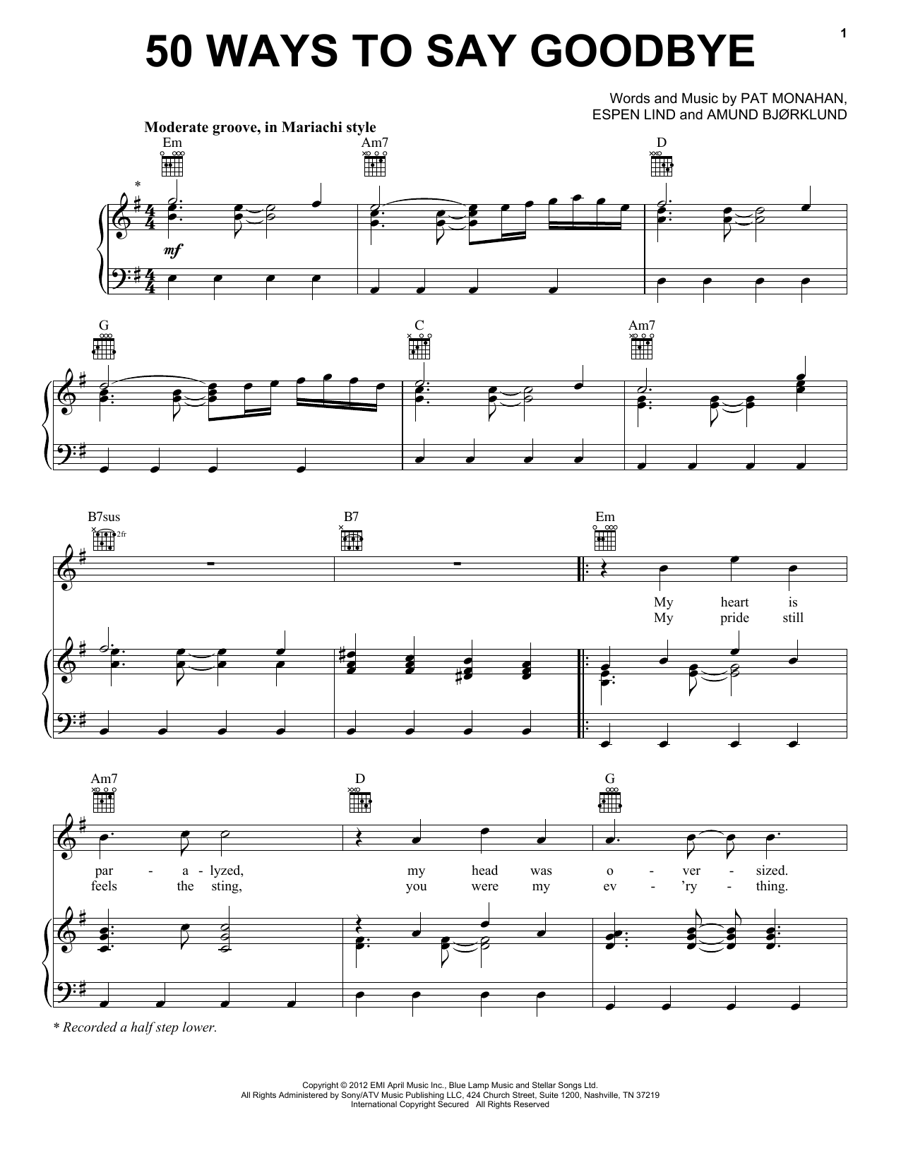 Train 50 Ways To Say Goodbye sheet music notes and chords arranged for Easy Piano
