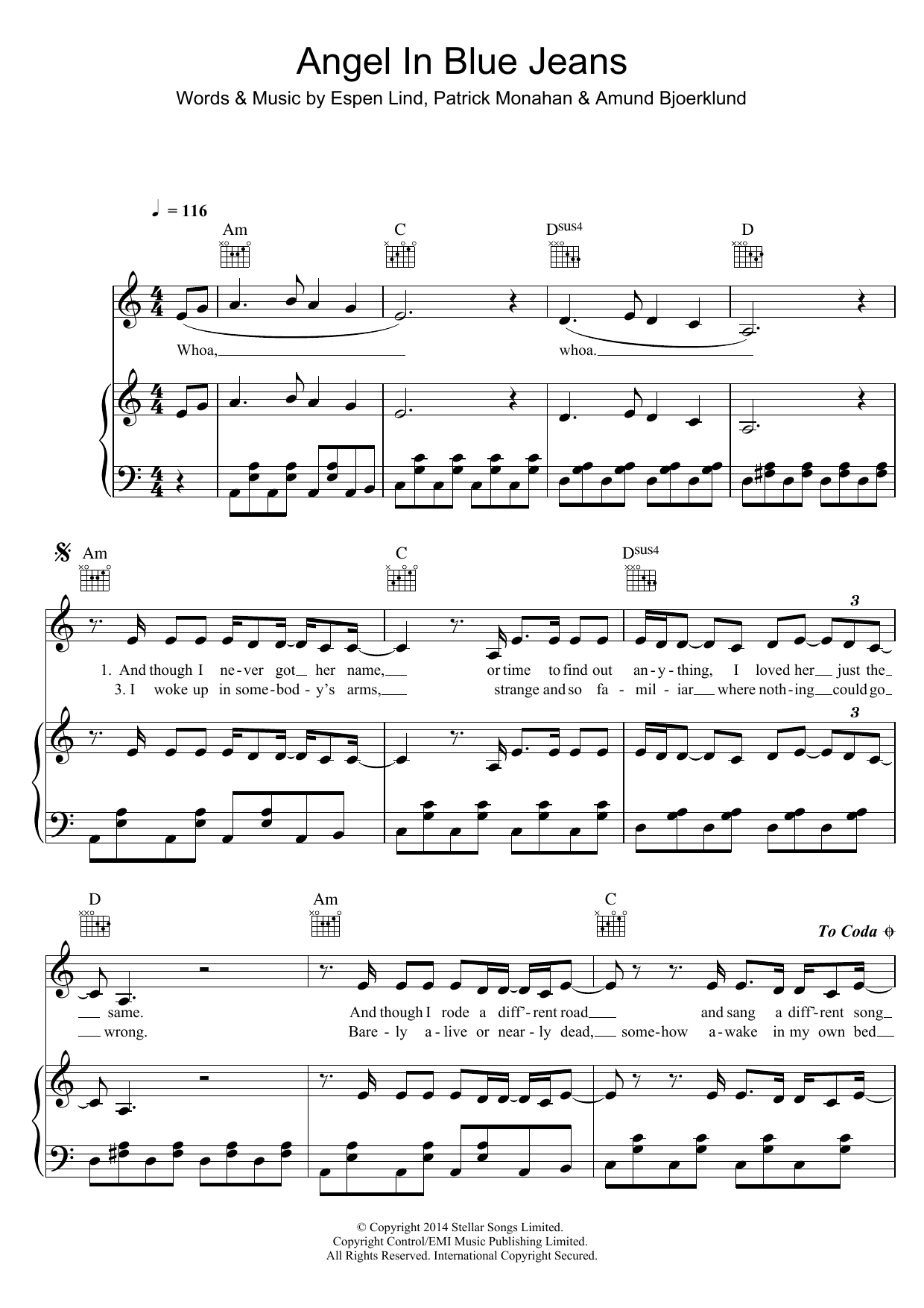 Train Angel In Blue Jeans sheet music notes and chords arranged for Piano, Vocal & Guitar Chords (Right-Hand Melody)