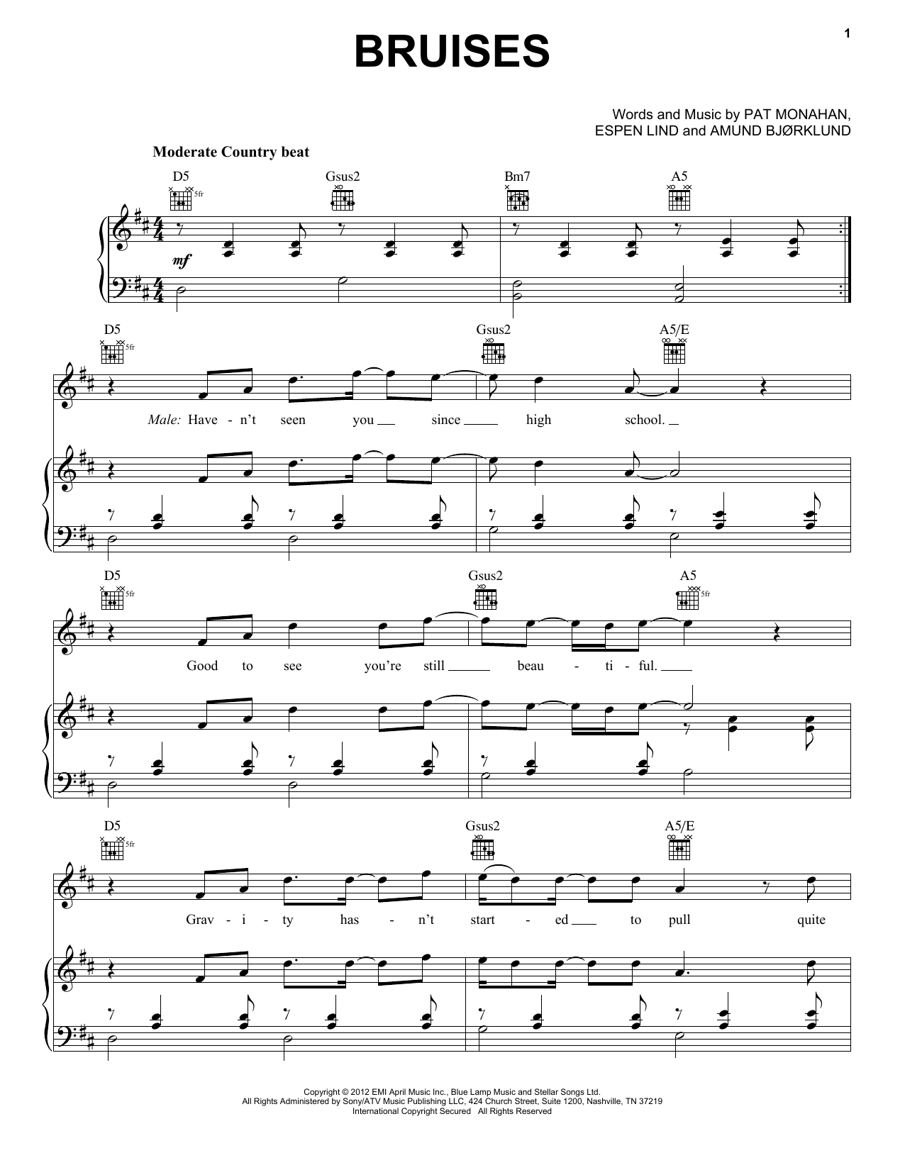 Train Bruises sheet music notes and chords arranged for Easy Guitar Tab
