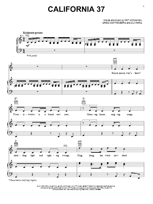 Train California 37 sheet music notes and chords arranged for Piano, Vocal & Guitar Chords (Right-Hand Melody)