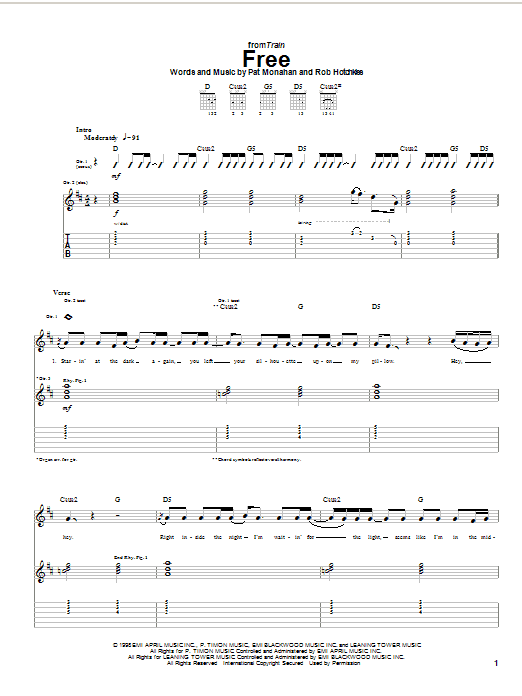 Train Free sheet music notes and chords arranged for Guitar Tab