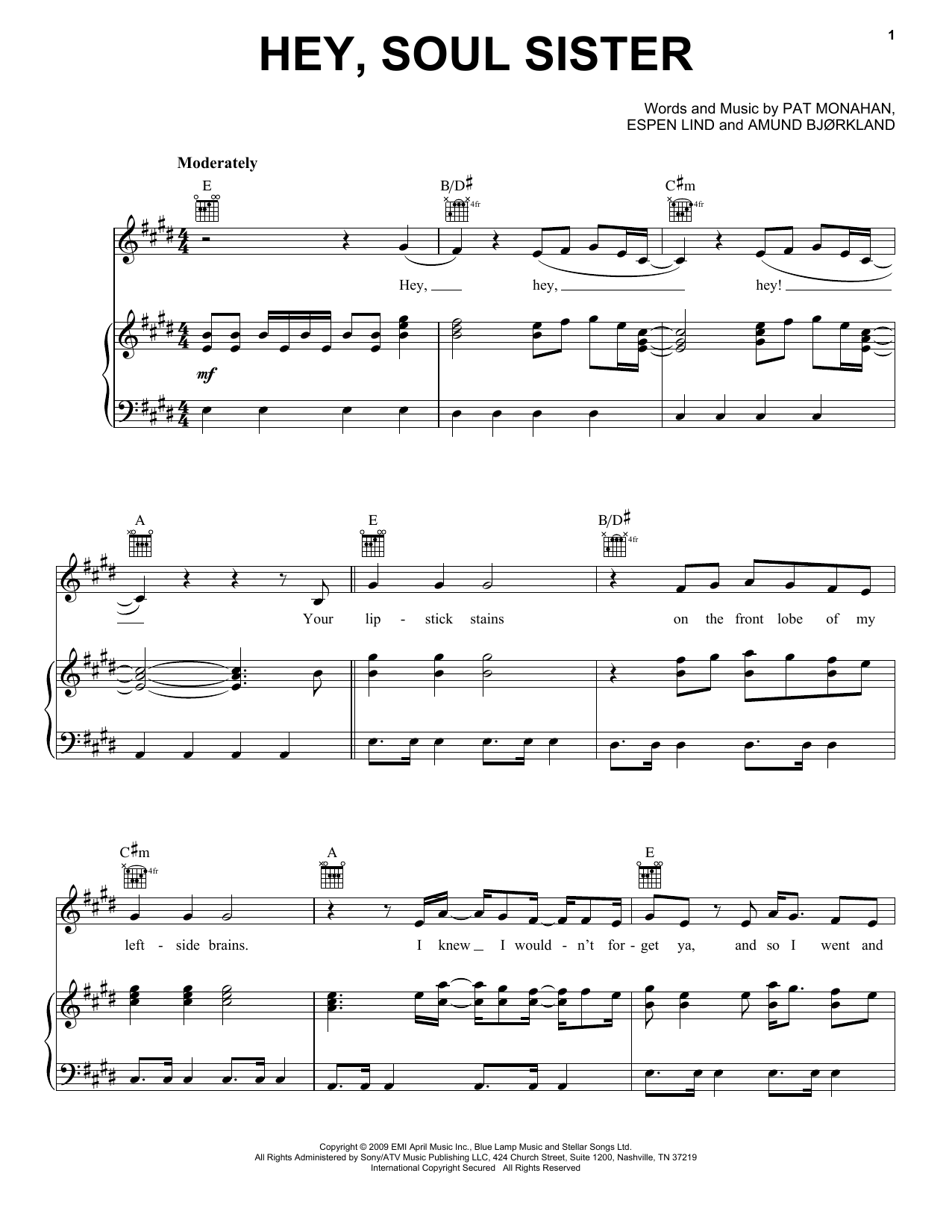 Train Hey, Soul Sister sheet music notes and chords arranged for Piano, Vocal & Guitar Chords