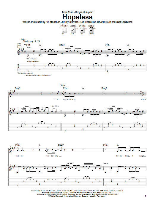 Train Hopeless sheet music notes and chords arranged for Guitar Tab