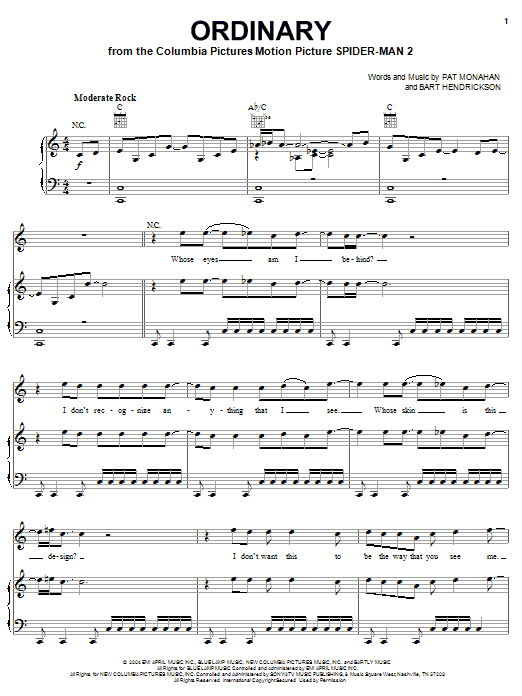 Train Ordinary (from Spider-Man 2) sheet music notes and chords arranged for Piano, Vocal & Guitar Chords (Right-Hand Melody)