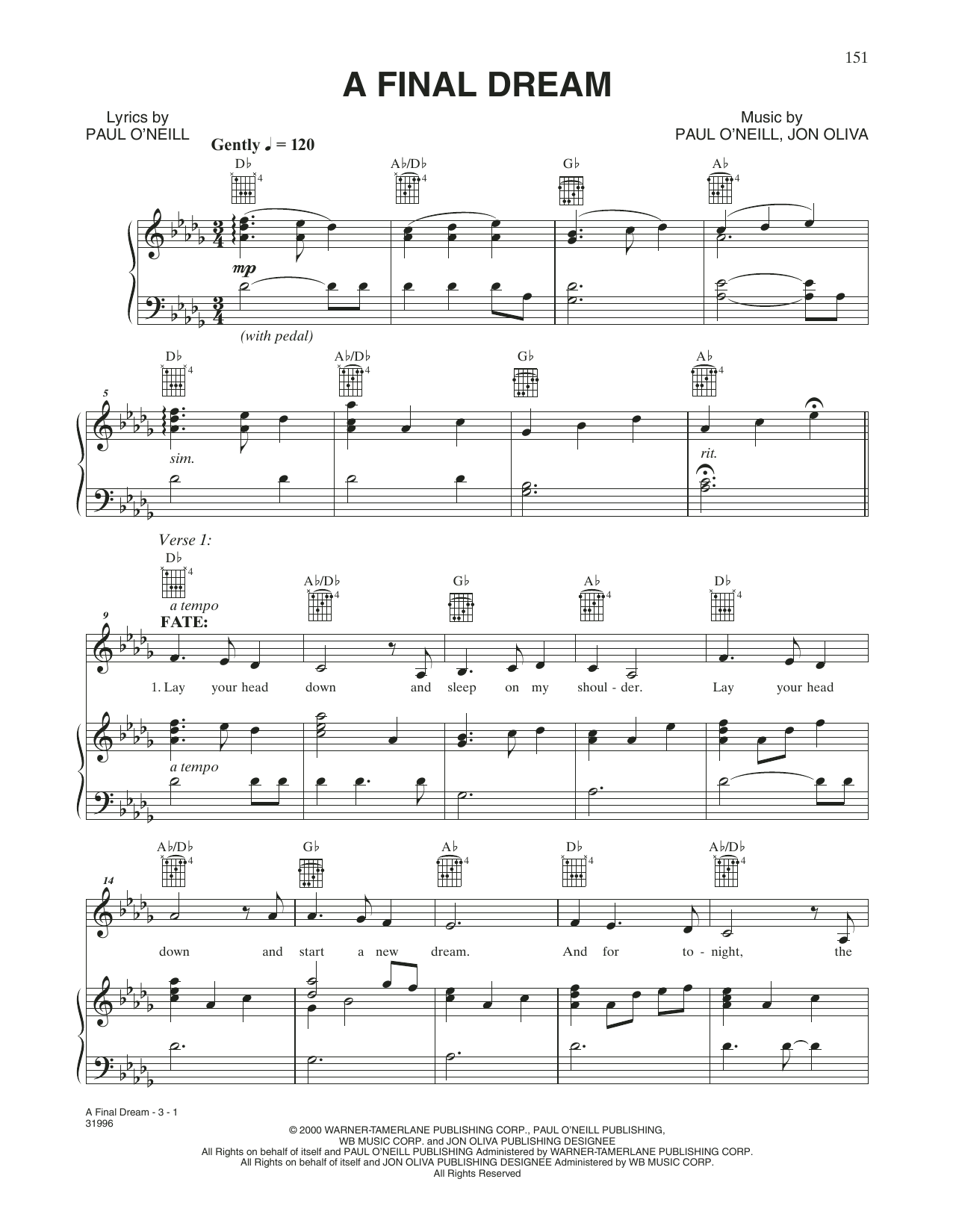 Trans-Siberian Orchestra A Final Dream sheet music notes and chords arranged for Piano, Vocal & Guitar Chords (Right-Hand Melody)