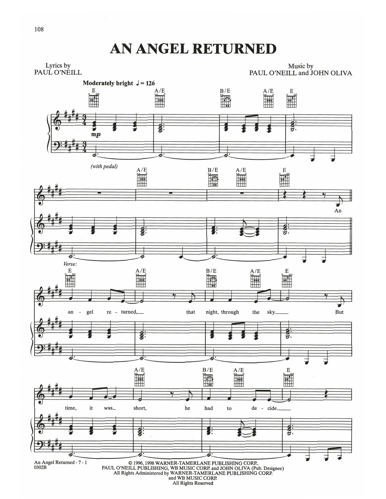 Trans-Siberian Orchestra An Angel Returned sheet music notes and chords arranged for Piano, Vocal & Guitar Chords (Right-Hand Melody)
