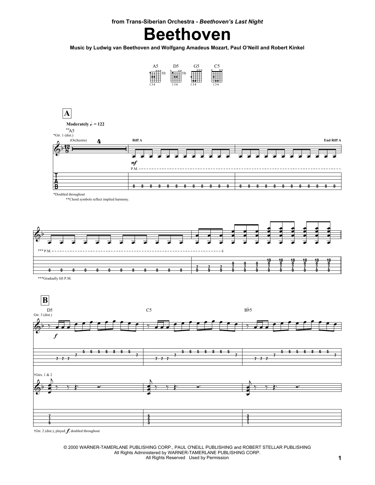 Trans-Siberian Orchestra Beethoven sheet music notes and chords arranged for Guitar Tab (Single Guitar)