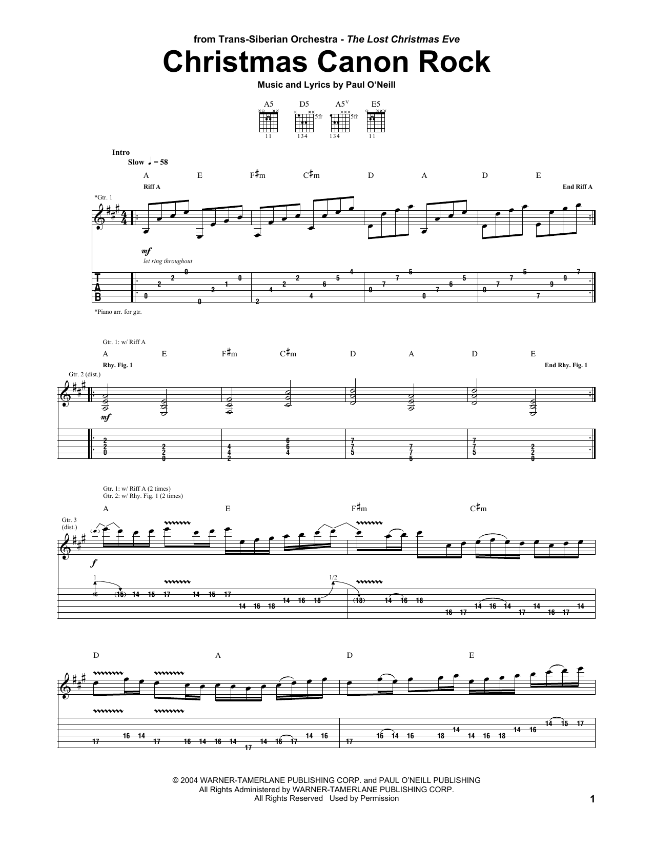 Trans-Siberian Orchestra Christmas Canon Rock sheet music notes and chords arranged for Piano, Vocal & Guitar Chords (Right-Hand Melody)